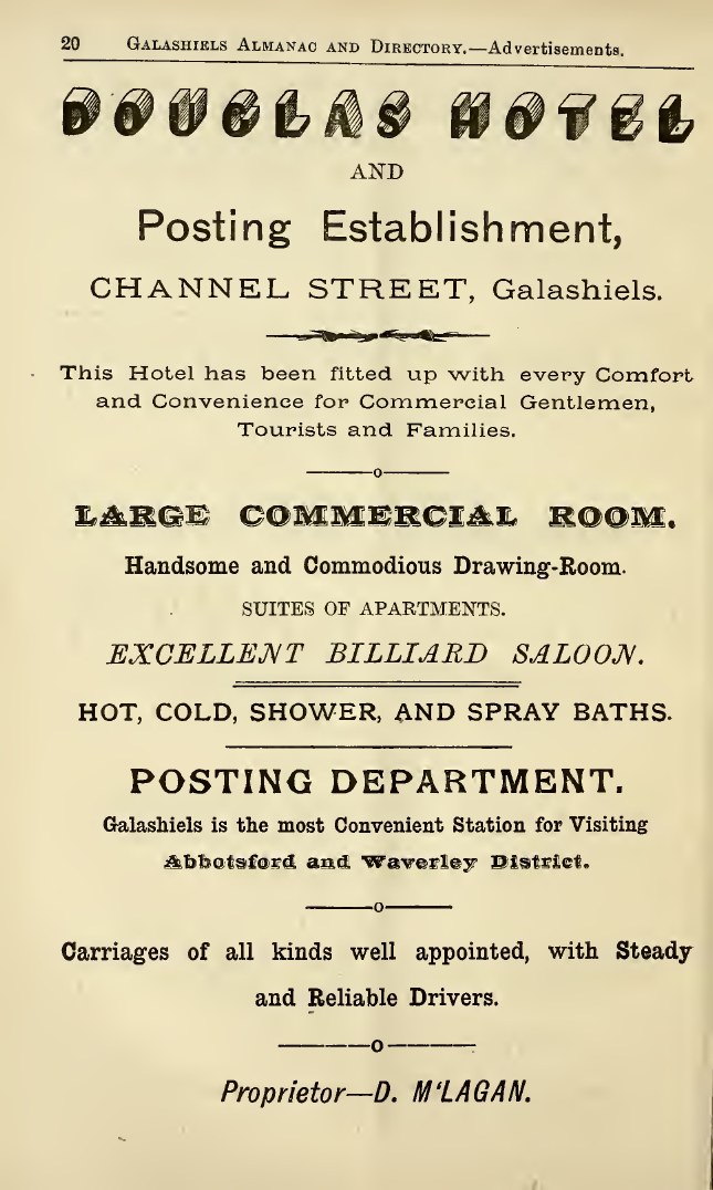 Full-page 1898 directory advertisement for the Douglas Hotel and Posting Establishment, Channel Street, Galashiels