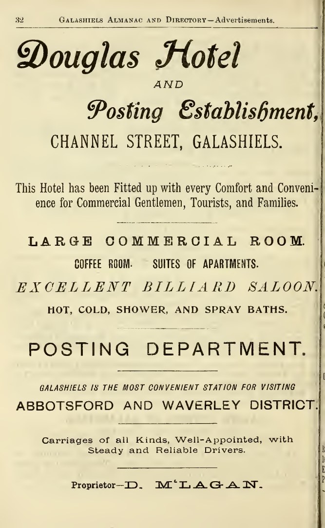 Full-page 1903 directory advertisement for the Douglas Hotel and Posting Establishment, Channel Street, Galashiels