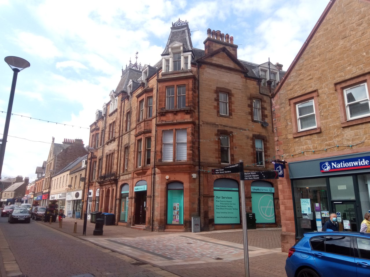 Roofline of the former Douglas Hotel, 49-57 Channel Street, Galashiels