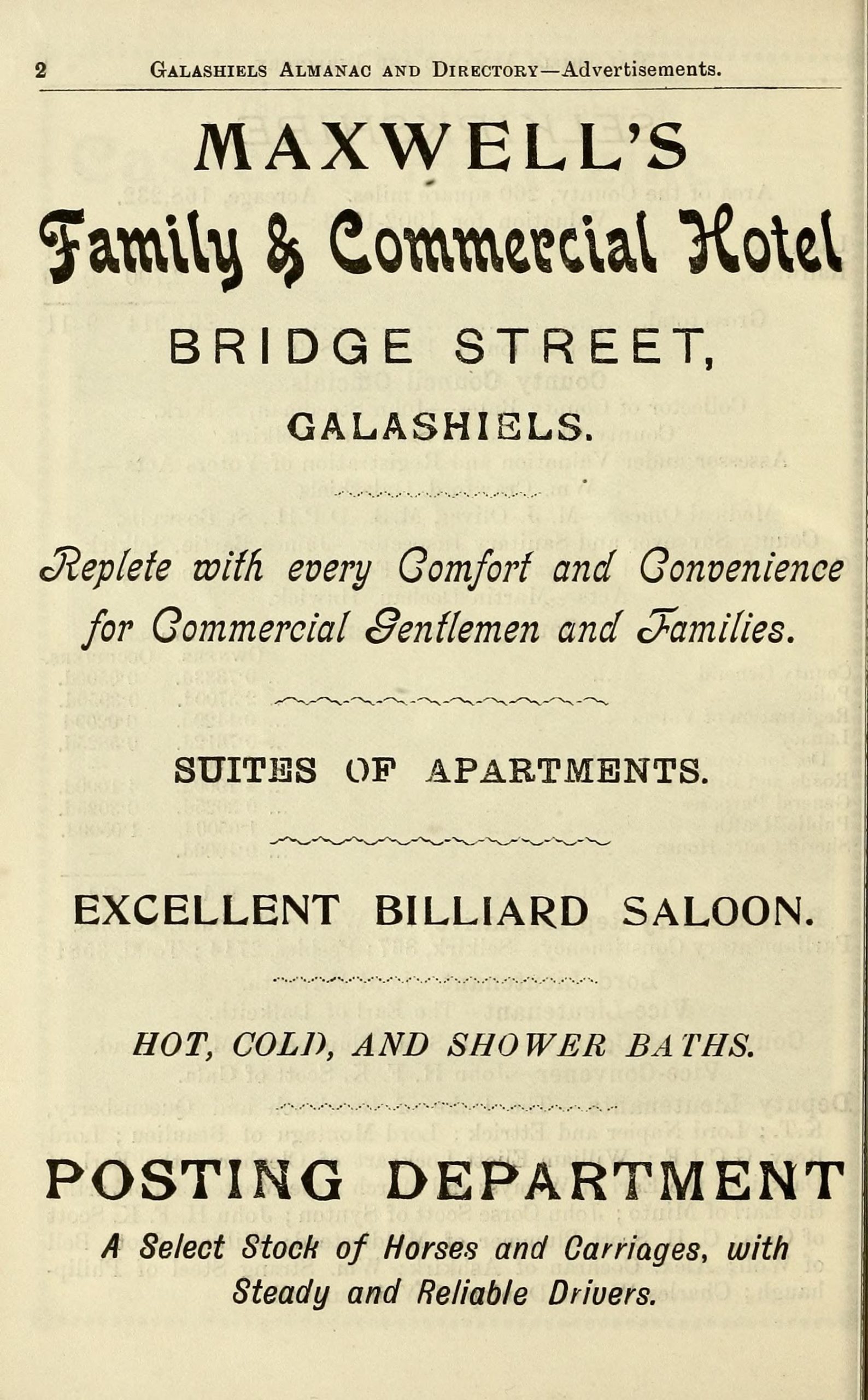 Full-page 1903 directory advertisement for Maxwell's Family and Commercial Hotel, Bridge Street, Galashiels