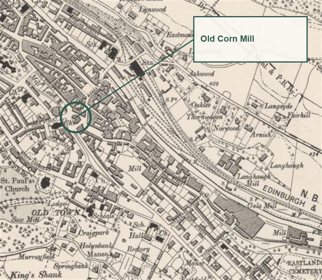 Historic Ordnance Survey map with the Old Corn Mill site marked
