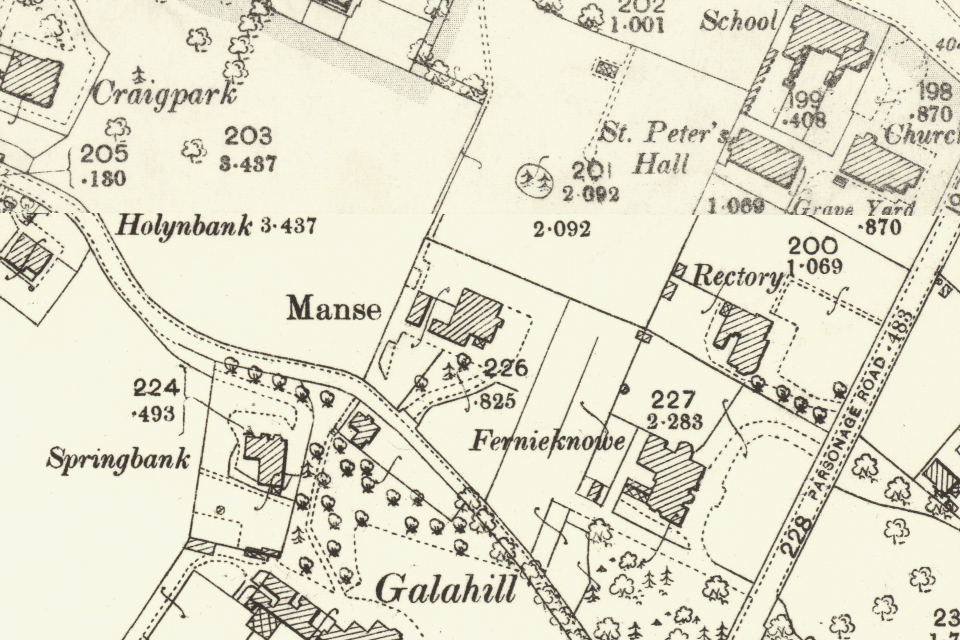 Historic Ordnance Survey map showing the Old Parish Manse and its grounds on Barr Road