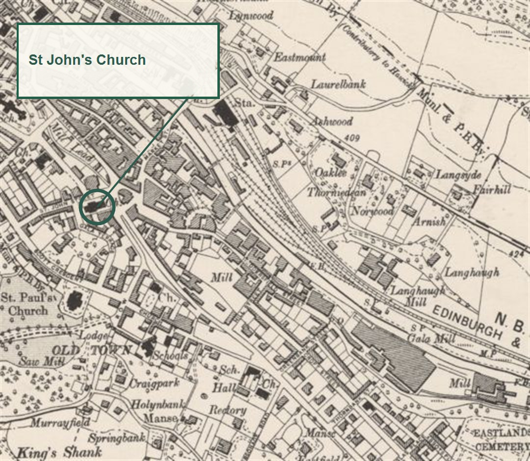 Historic Ordnance Survey map of central Galashiels with the former St John's Church site marked.