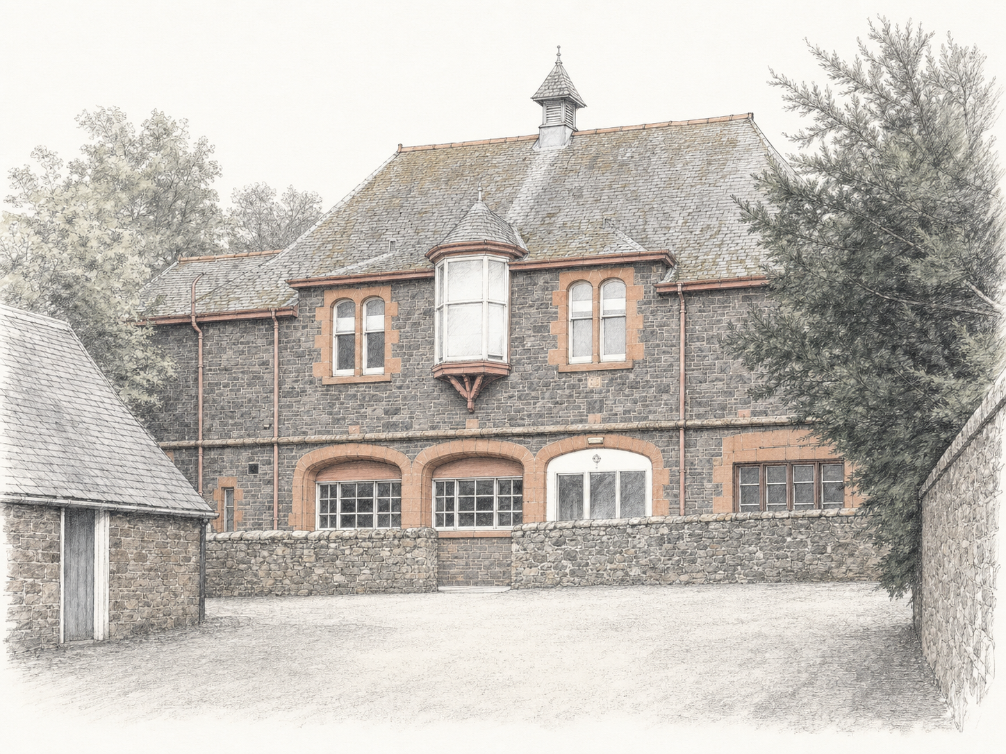 Illustrative architectural study of the former St Peter’s Hall, Abbotsford Road