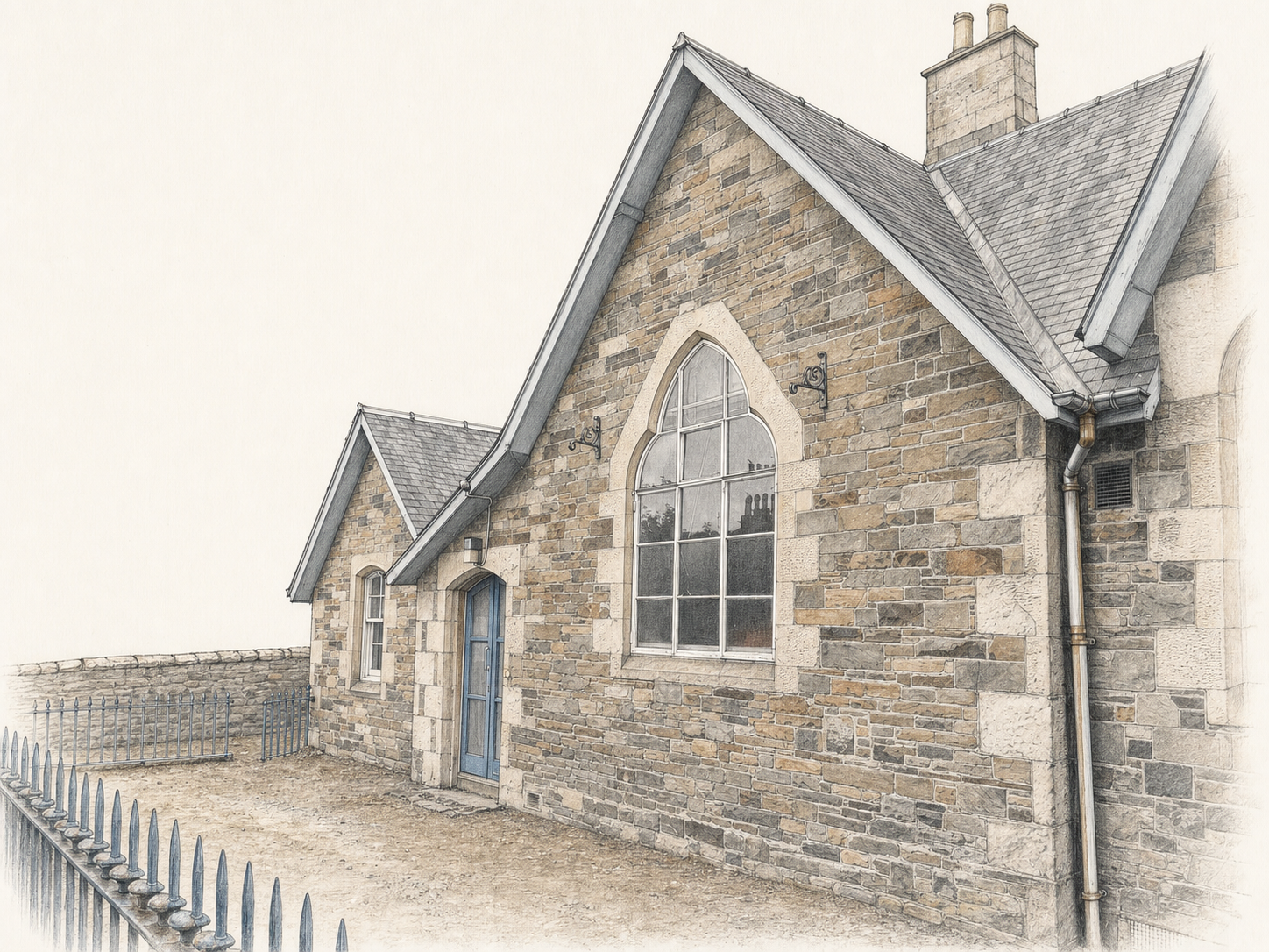 Illustrative architectural study of the former St Peter’s School and Schoolhouse, Abbotsford Road