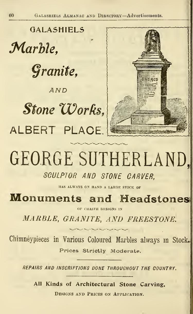 Full-page 1903 directory advertisement for George Sutherland's Marble, Granite and Stone Works, Albert Place, Galashiels