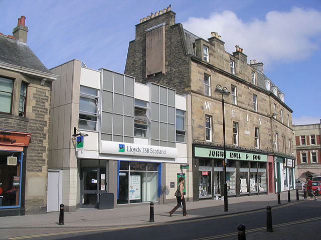 Channel Street in Galashiels, showing the former Waverley Temperance Hotel frontage with surviving lettering