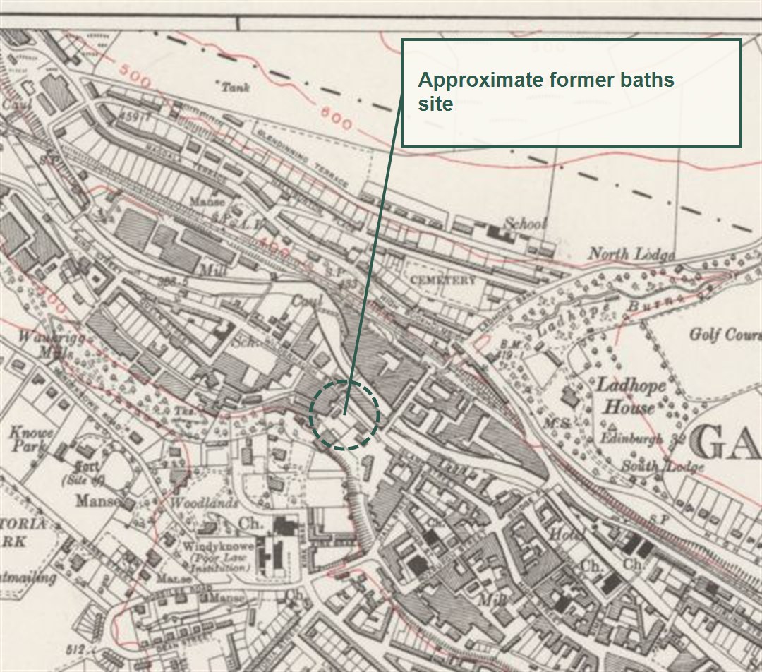 Historic Ordnance Survey map of Wilderhaugh with the approximate former Public Baths site marked by a broken circle.